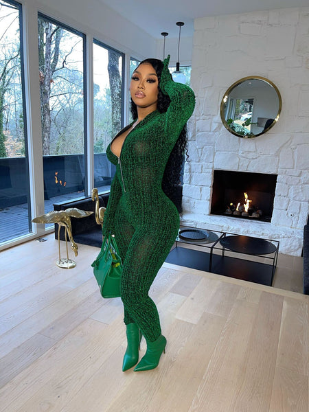 Green Solid mesh long sleeve Jumpsuit