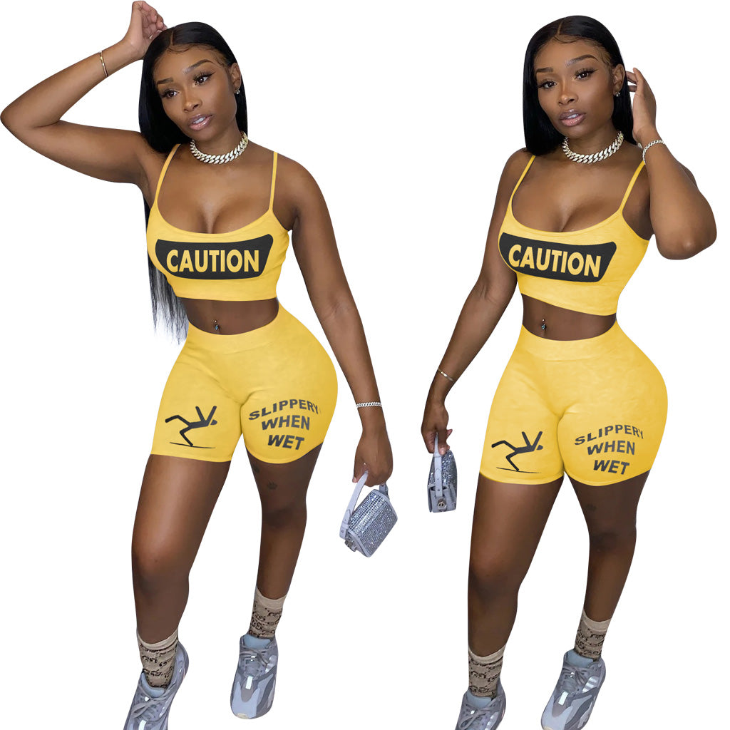 Caution Sexy pattern print vest Shorts Set