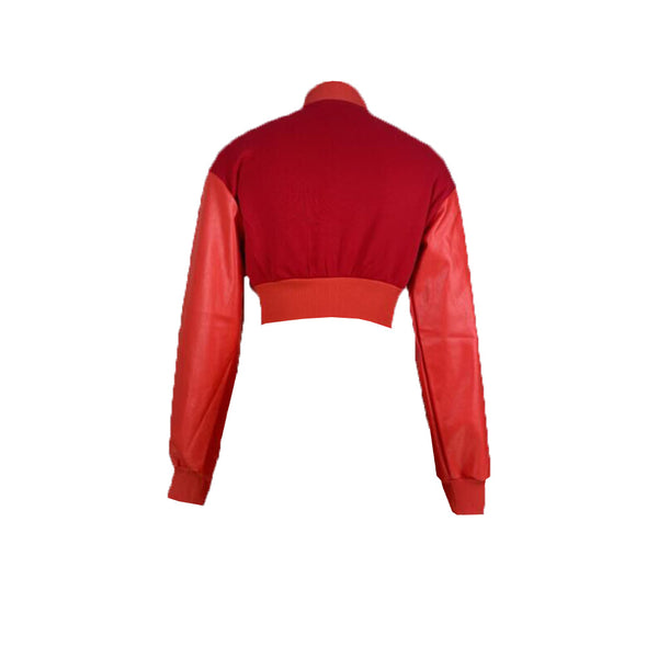 WOMEN RED CREW NECK LOOSE SHORT JACKET BOMBER TOP