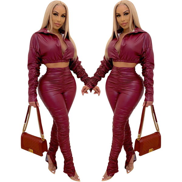 Red Fashion casual solid Pu pleated two piece set