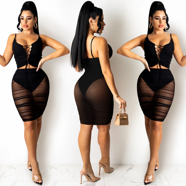 Black Fashion bandage pleated drawstring skirt suit