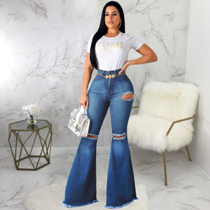 Fashionable skinny jean bell bottoms with holes in knees