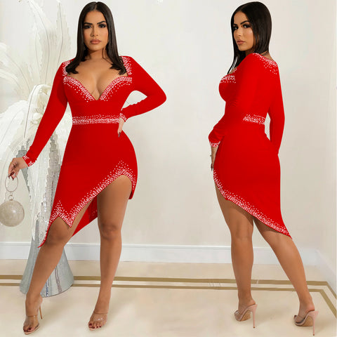 Red Fashion sexy hot drill nightclub women's V-Neck long sleeve split irregular dress