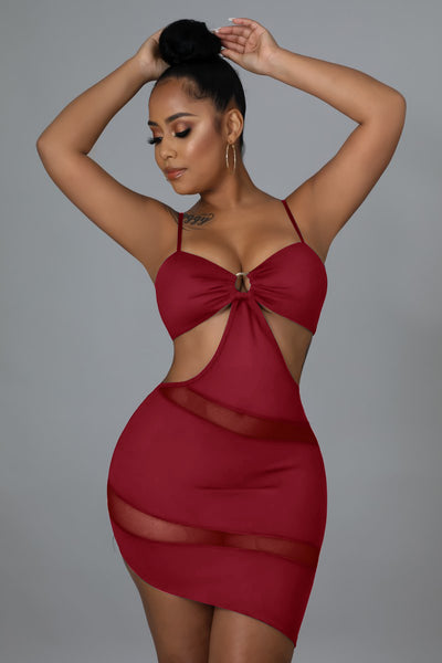 Wine Red Sexy mesh stitching perspective sling irregular dress