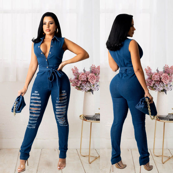 Blue Fashion casual sleeveless sexy denim Jumpsuit