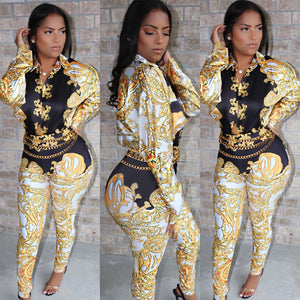 Sexy Black & Gold V-collar printed long-sleeved Jumpsuit