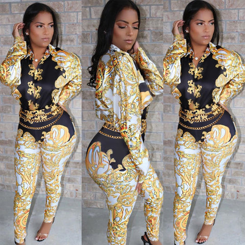 Sexy Black & Gold V-collar printed long-sleeved Jumpsuit