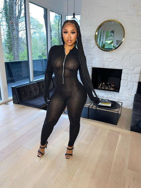 Black Solid mesh long sleeve Jumpsuit