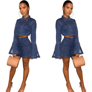 Horn Sleeve Zipper Sexy Button Denim Skirt set