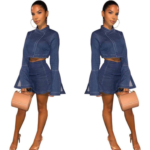 Horn Sleeve Zipper Sexy Button Denim Skirt set