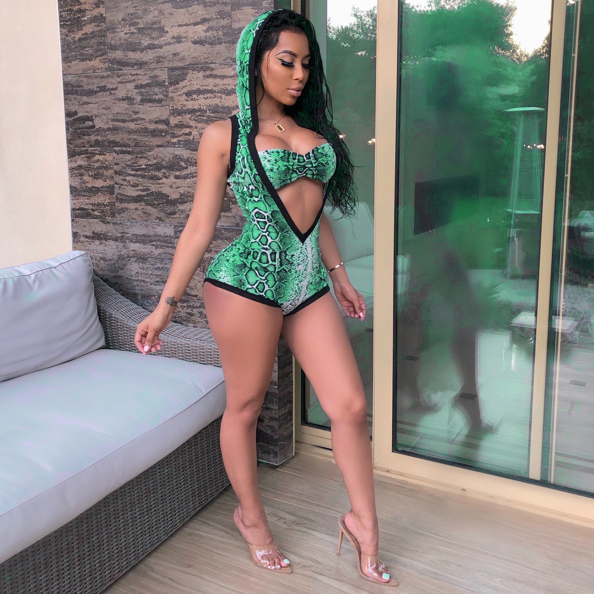 Green Sleeveless deep V-neck snake skin printed sexy Jumpsuit