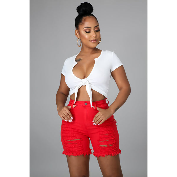 Red Sexy cut out stretch denim shorts