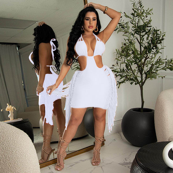 White Tassel skirt strap sexy dress