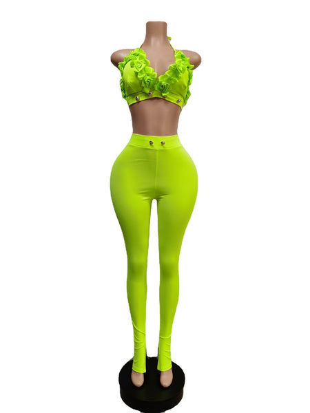 Fluorescent green Halter backless Pants Set