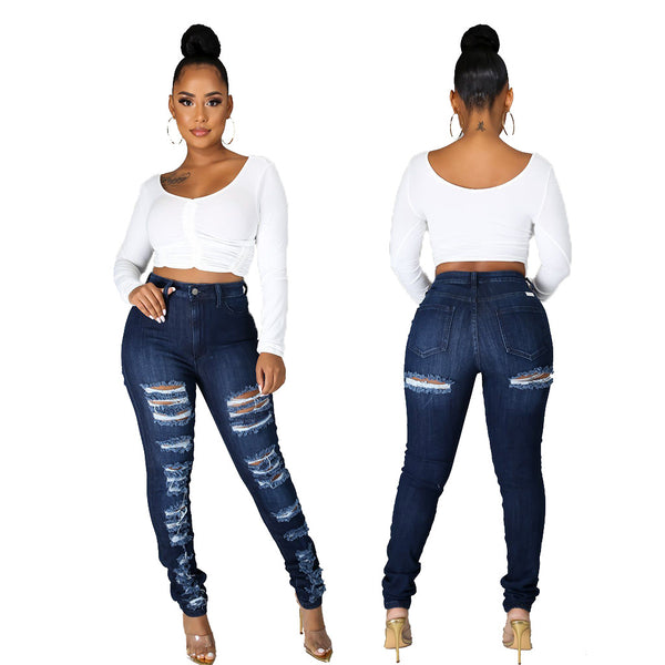 Dark Blue Fashion slim high waist holed jeans Leggings