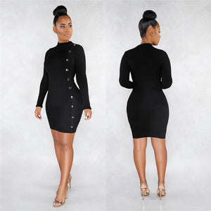 Slim personality single breasted black asymmetric dress