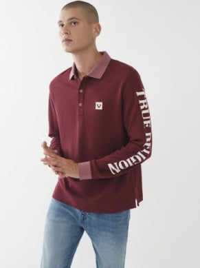 MEN TRUE RELIGON DARK BURGUNDY LS CONTRAST POLO