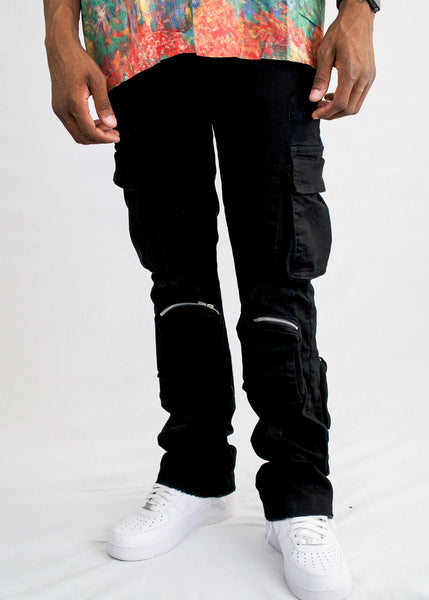 MEN BLACK MULIT POCKETS STACK 95 DENIM JEANS